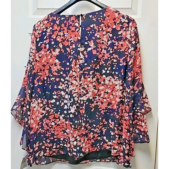 Kasper Plus Size Women's Ruffled Cuff 3/4-Sleeve Top Navy Black Coral 2X NEW - Picture 5 of 10